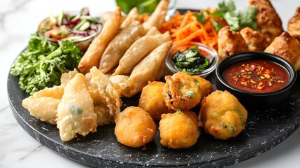 Fototapeta premium A luxurious spread of fried items including tempura vegetables samosas and croquettes arranged elegantly on a marble plate.