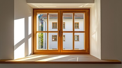 Sunlight streams through a wooden double-hung window, illuminating a built-in window seat.
