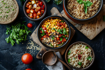 Assorted grains in rustic bowls featuring quinoa and brown rice for culinary inspiration