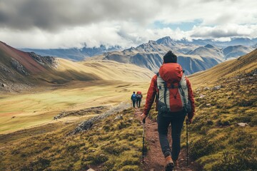 Fototapeta premium Hiking scene in Vinicunca, Cusco Region, Peru. Rainbow Mountain