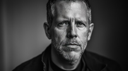 Close-up black and white portrait of a serious middle-aged man. (1)