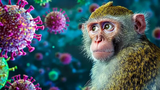 Young Asian monkey gazes,express curiosity.Vibrant Covid-19 viruses float,illustrate pandemic concept.Primate face close-,focus detail.Fur texture captured,shows wildlife realism.Medical