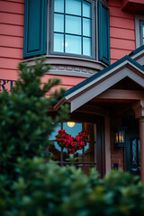 Charming Red House with Heart-Shaped Rose Wreath on the Door