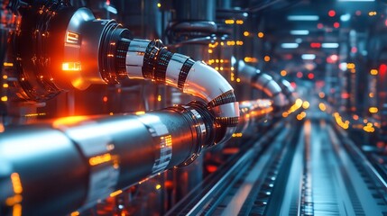 Vibrant visualization of automation with interconnected data pipelines and robotic process systems