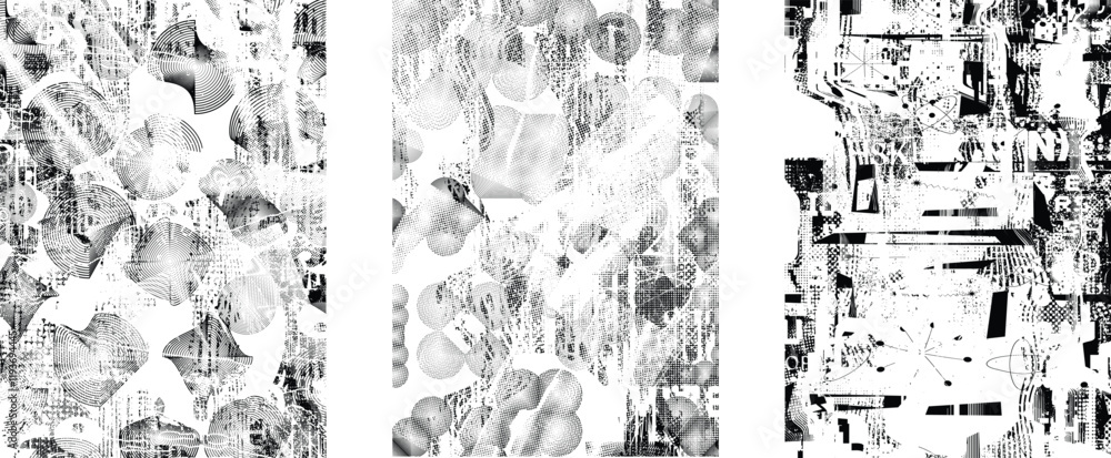 Poster set of posters with glitch distorted grunge texture. poster collection texture with halftone dots, g