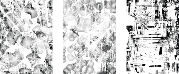 Set of posters with glitch distorted grunge texture. Poster collection texture with halftone dots, glitched shapes, textures and lines .Screen print vector poster pack with grunge textured surface