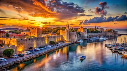 Fototapeta premium Rhodes Island Sunset: Old Town Harbor Entrance, Greece