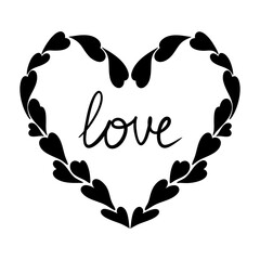 Vector heart and love illustration in line art style. Graphic monochrome drawing. Hand drawn heart outline sketch, ink illustration. Design element for wedding invitation, Valentines day, tattoo