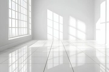 Obraz premium Bright white studio room with tiled floor and minimalist interior for product photography