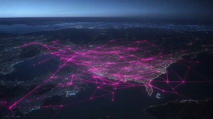Aerial View of City at Night Illuminated Network Connections