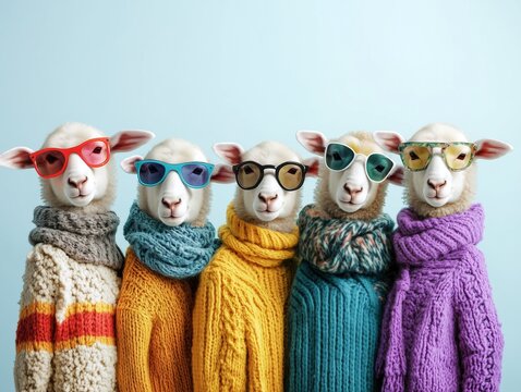 Coole Schafe mit Sonnenbrillen und Strickmode
