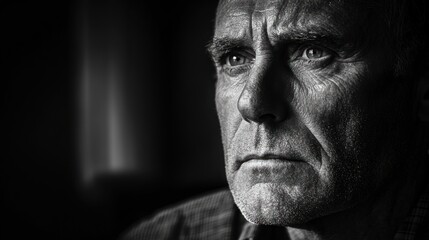 Close-up black and white portrait of a serious older man.