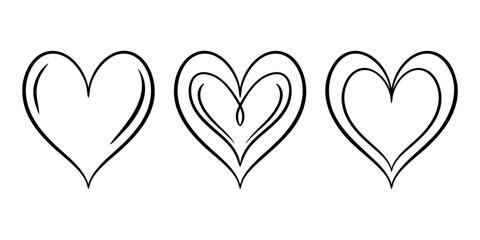 Vector heart illustrations set in line art style. Graphic monochrome drawing. Hand drawn heart outline sketch, ink illustration. Design element for wedding invitation, Valentines day, tattoo, logo