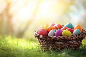 Obraz premium Colorful painted easter eggs in basket on green grass