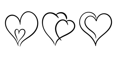 Vector heart illustrations set in line art style. Graphic monochrome drawing. Hand drawn heart outline sketch, ink illustration. Design element for wedding invitation, Valentines day, tattoo, logo