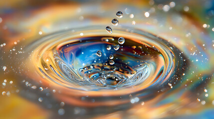 A single water droplet frozen mid-collision with tiny fragments scattering around in zero gravity.