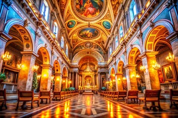 Fototapeta premium Roman Catholic Church Interior, Santa Maria in Aracoeli, Rome, Italy - Bokeh Effect Stock Photo
