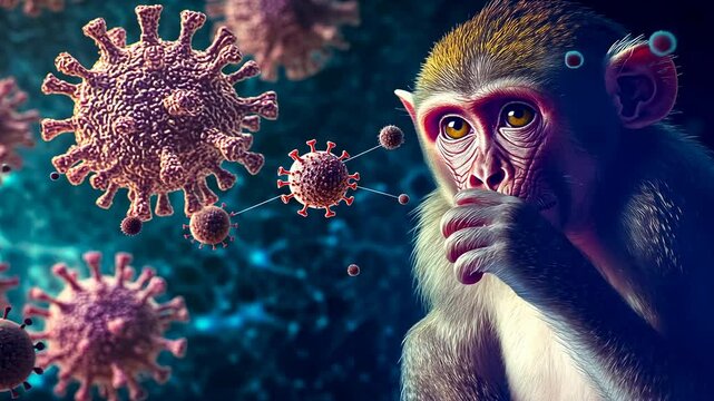 Asian young monkey contemplates pandemic.Primate gazes,virus particles float.Animal reflects,health crisis symbolism.Model poses,portrays disease contemplation.Visual communicates viral outbreak