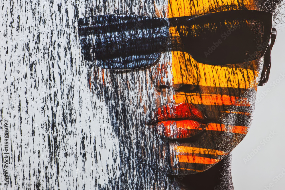 Poster bold and abstract portrait design with striking patterns and texture reflecting modern visual artist