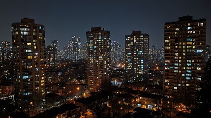 Naklejka premium City Skyline at Night with Glowing Apartment Buildings