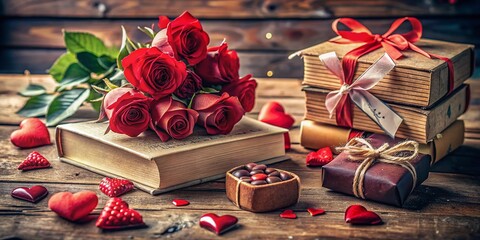Romantic Book-Themed Valentine's Day Decorations: Stack of Books, Red Roses, and Heart-Shaped Chocolate