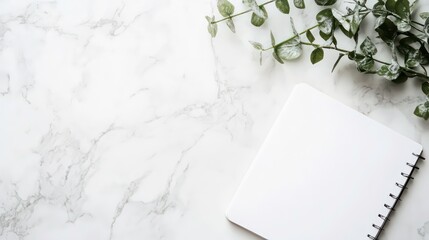Minimalist white notebook marble surface flat lay photography serene environment artistic viewpoint creative concept for inspiration