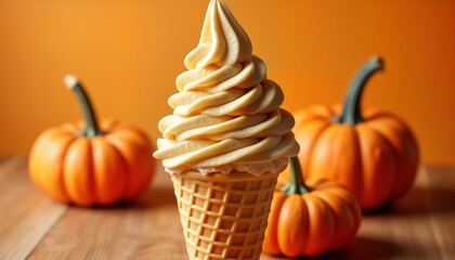 Pumpkin-flavored ice cream cone with pumpkins in background. Autumnal dessert scene. Delicious treat. Fall sweet. Seasonal snack. Perfect for fall holidays. Ice cream cone centerpiece of photo.