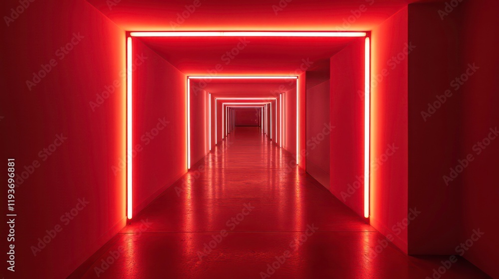 Poster minimalistic red corridor illuminated by glowing neon light strips outlining rectangular frames on t