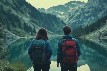 Travelers couple look at the mountain lake. Travel and active life concept with team. Adventure and travel in the mountains region in the Austria