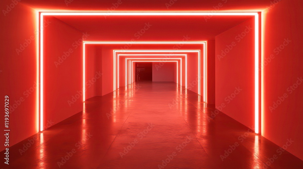 Poster minimalistic red corridor illuminated by glowing neon light strips outlining rectangular frames on t