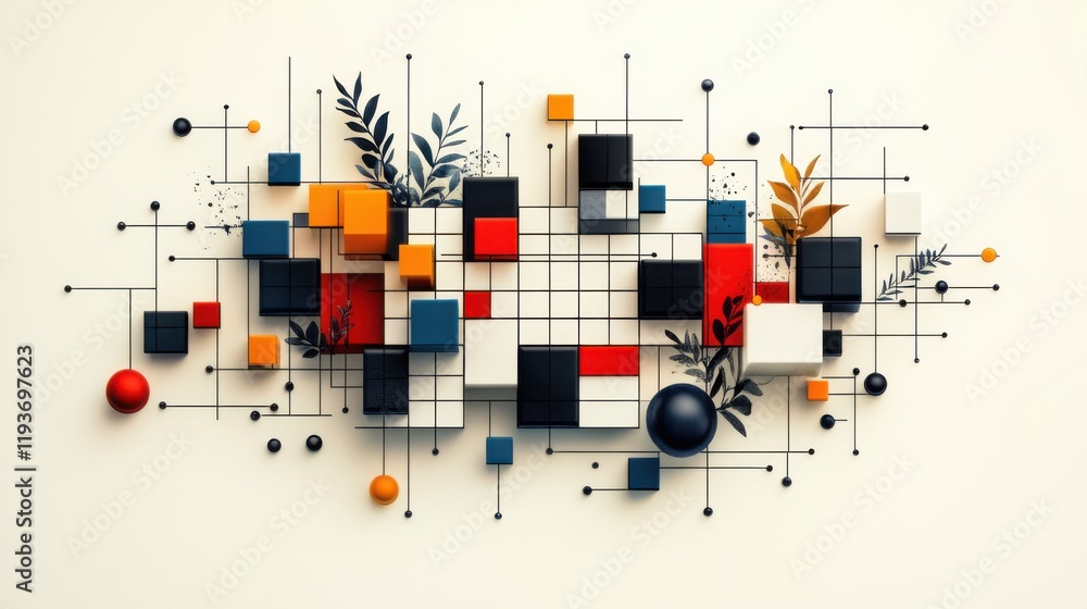 Poster abstract geometric composition with colorful blocks and organic elements on a light background, idea