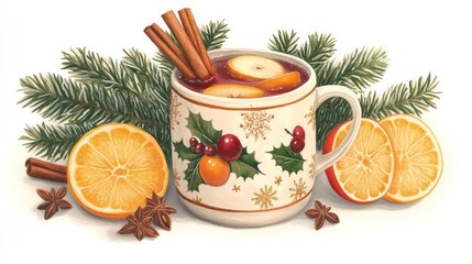 mug of gl&uuml;hwein garnished with apples, oranges, and cinnamon sticks. Set against a backdrop of Christmas tree branches on a white background, it's perfect for holiday-themed designs, recipes, banner