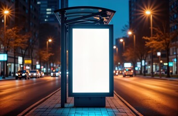 Empty white digital billboard on city bus stop at night. Urban scene with cars, city lights in background. Advertising space for display design template promotion. Commercial, public use, mockup for