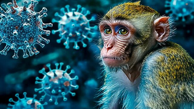 Young monkey surrounded surreal giant viruses.Primate expression shows curiosity,uncertainty.Animal's fur texture detailed,vivid.Viruses depicted oversized,floating close.Scene evokes themes science
