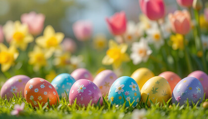 Colorful easter eggs with floral patterns are nestled in lush green grass, illuminated by warm sunlight and creating a cheerful easter scene.