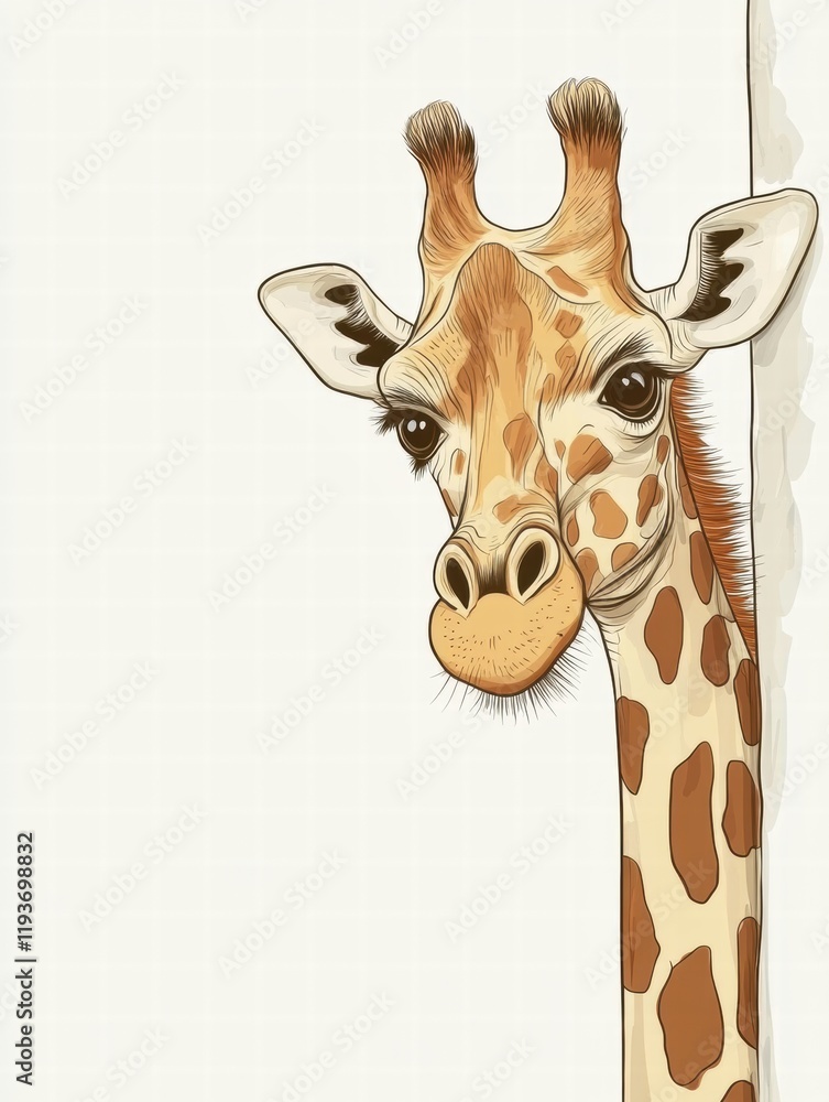 Poster giraffe curiously peeking around a corner in a light and colorful background illustration. generativ