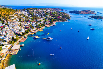 Turkbuku Bay of Bodrum. Mugla, Turkey. Aerial panoramic view of Turkbuku (Golturkbuku). Drone shot.