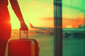 Young woman hand holding luggage handle before checking flight time in airport, Transport,...