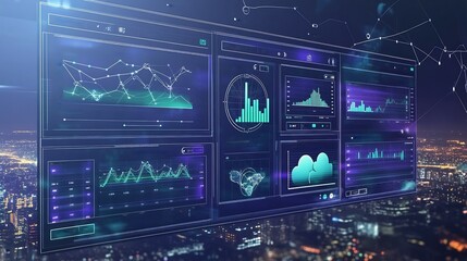 Fototapeta premium Depiction of dashboards managing interconnected ecosystems tracking scalable cloud services and system performance metrics