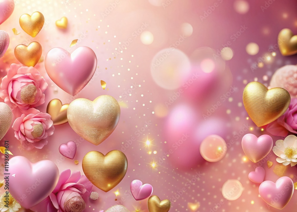 Wall mural Romantic Valentine's Day Background: Soft Pink and Gold Hearts