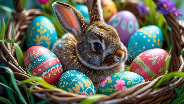 Fr&uuml;hlingszauber: Osterhase umgeben von Ostereiern