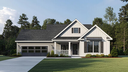Modern Single Story Craftsman Style House With Gray Siding And White Trim Details