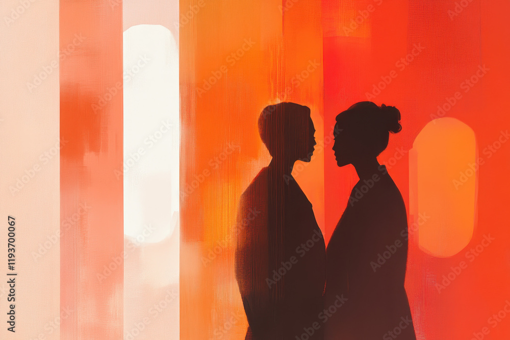 Poster expressive silhouettes in warm hues: capturing subtle dialogues in abstract artistic setting with bo