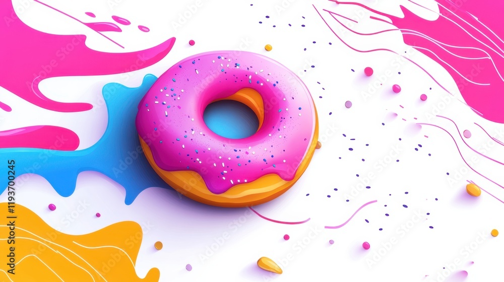 Poster vibrant and playful colorful donut with icing popping against a background of bright paint splashes 