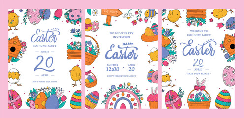 Easter invitations, greeting cards collection decorated with doodles and lettering quotes. Good for templates, banners, posters, etc. Spring theme. EPS 10