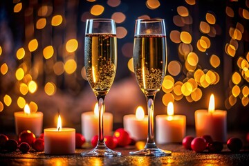 Romantic Valentine's Day Champagne Flutes in Low Light