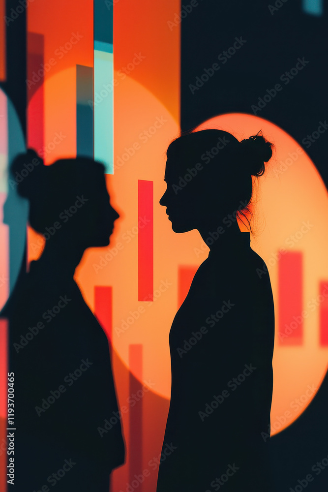 Aufkleber exploring the intricacies of duality and perception through silhouettes against a bold abstract back