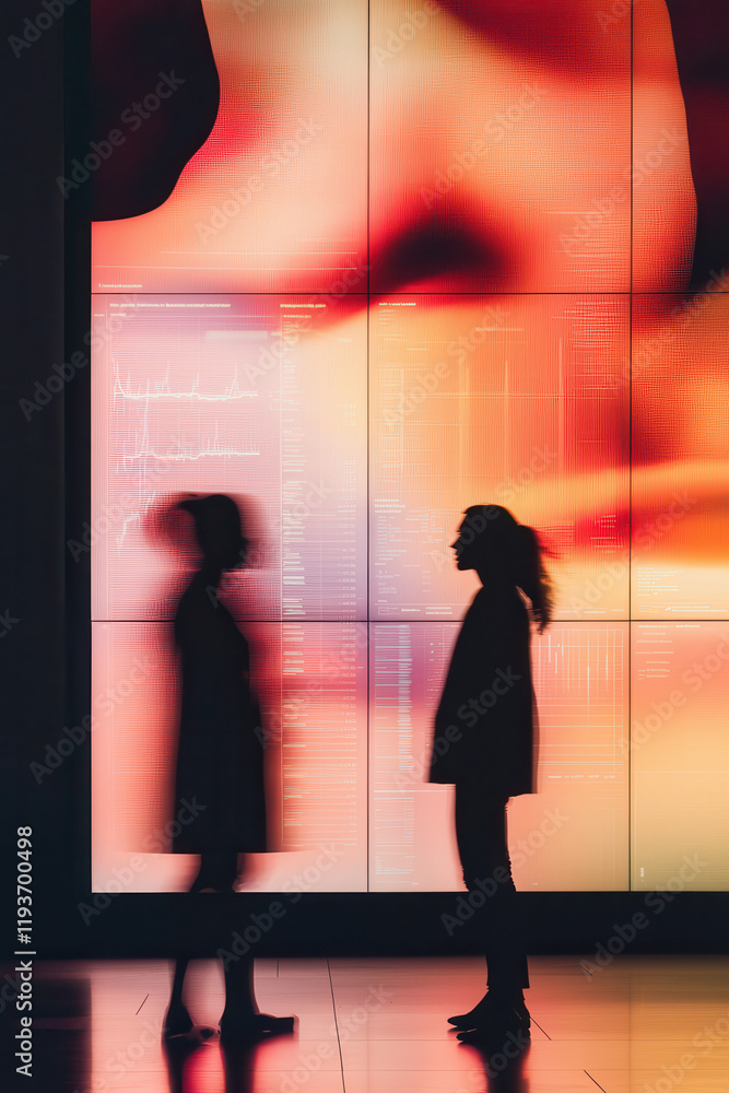 Poster dynamic silhouette interaction against illuminated digital screens showcasing modern data visualizat