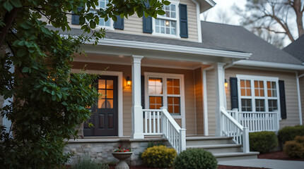 Fototapeta premium Charming Suburban House Exterior at Dusk: Dream Home, Real Estate, Cozy and Inviting Residential Property