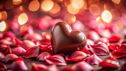Fototapeta premium Romantic Valentine's Day Close-up: Heart-Shaped Chocolate and Rose Petals